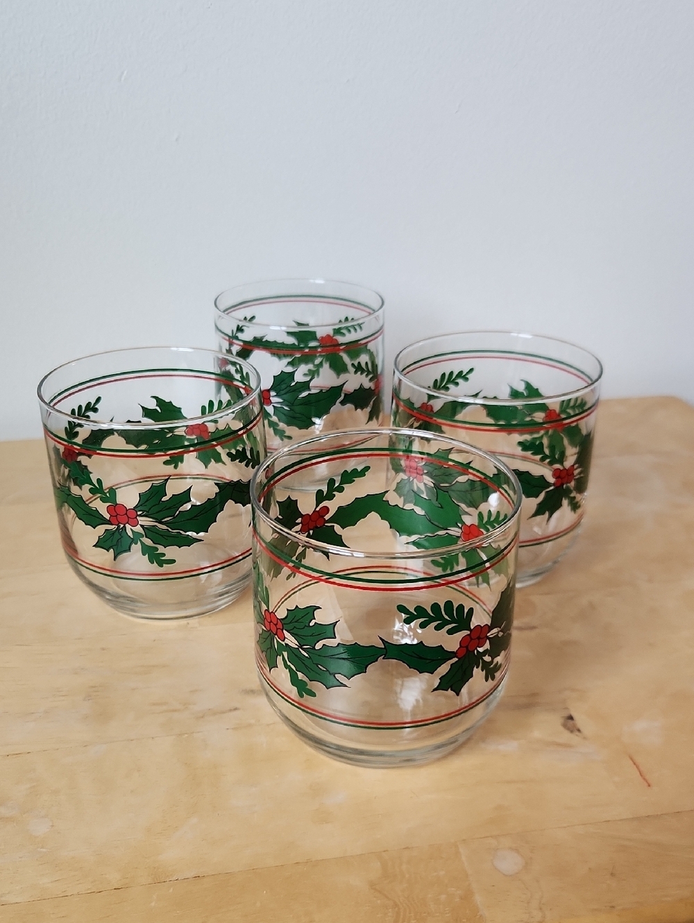 Vintage Libbey Holiday Holly Berry Low Ball Glasses Set of 4